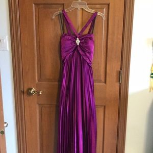 Magenta pleated halter cross back prom dress